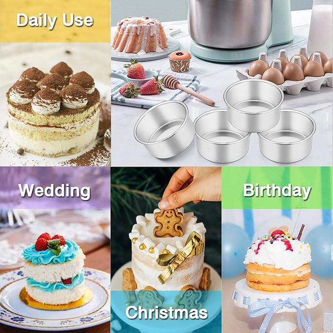 TeamFar 4 Inch Cake Pan Set of 4, Stainless Steel Mini Round Layer Cake Baking Pans Tins Set, For Baking Steaming Serving, Healthy & Sturdy, Mirror Finish & Dishwasher Safe