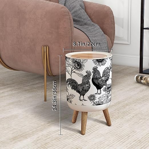 Trash Can with Lid Intricate Rooster Sunflower Black White Press Top Round Small Garbage Bin with Wooden Legs Waste Basket for Kitchen Bedroom Nursery 7L/1.8 Gallon