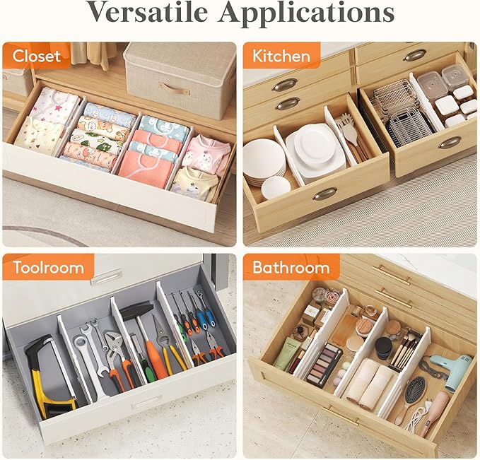 Lifewit 6" Tall 5 Pack Drawer Dividers, 30-47cm/11.5-18.5" Expandable Drawer Divider for Clothes, Adjustable Dresser Drawer Organizers, Drawers Separators for Dresser/Bathroom/Closet/Kitchen White