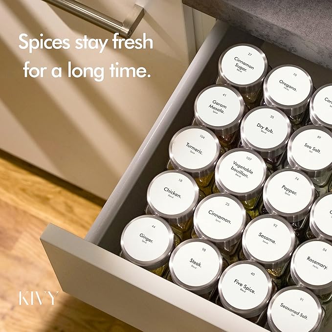 KIVY Glass Spice jars with Label & Shaker Lids [24x 4oz] Airtight Seasoning Containers for Cabinet & Drawer - Empty Spice Bottles - Seasoning jars with labels - Spice jars with stainless steel lids