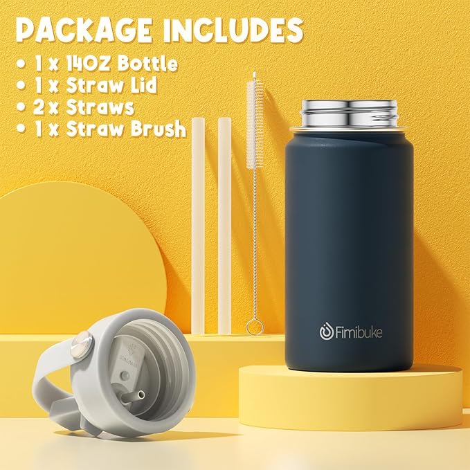Fimibuke Kids Insulated Water Bottle, 14oz BPA FREE 18/8 Stainless Steel Travel Tumbler Double Wall Vacuum Leak Proof Kids Cup with Straw Metal Water Bottle for School Boys Girls(1 Pack, Sky)
