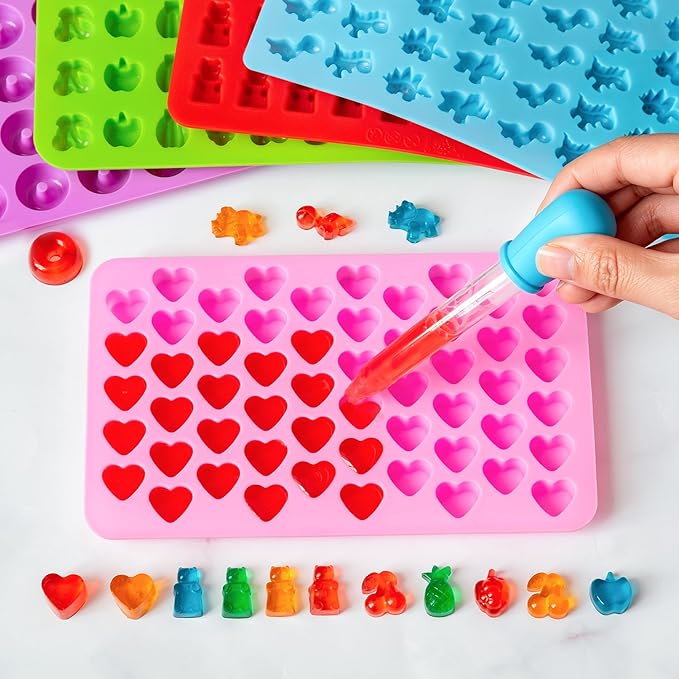 WARM TIME Gummy Bear Candy Molds Silicone, Mini Gummy Molds with 2 Droppers & 1 Cleaning Brush, Food Grade Non-Stick Silicone Molds Including Heart, Dinosaur, Bear, Donut, and Fruit, Set of 5