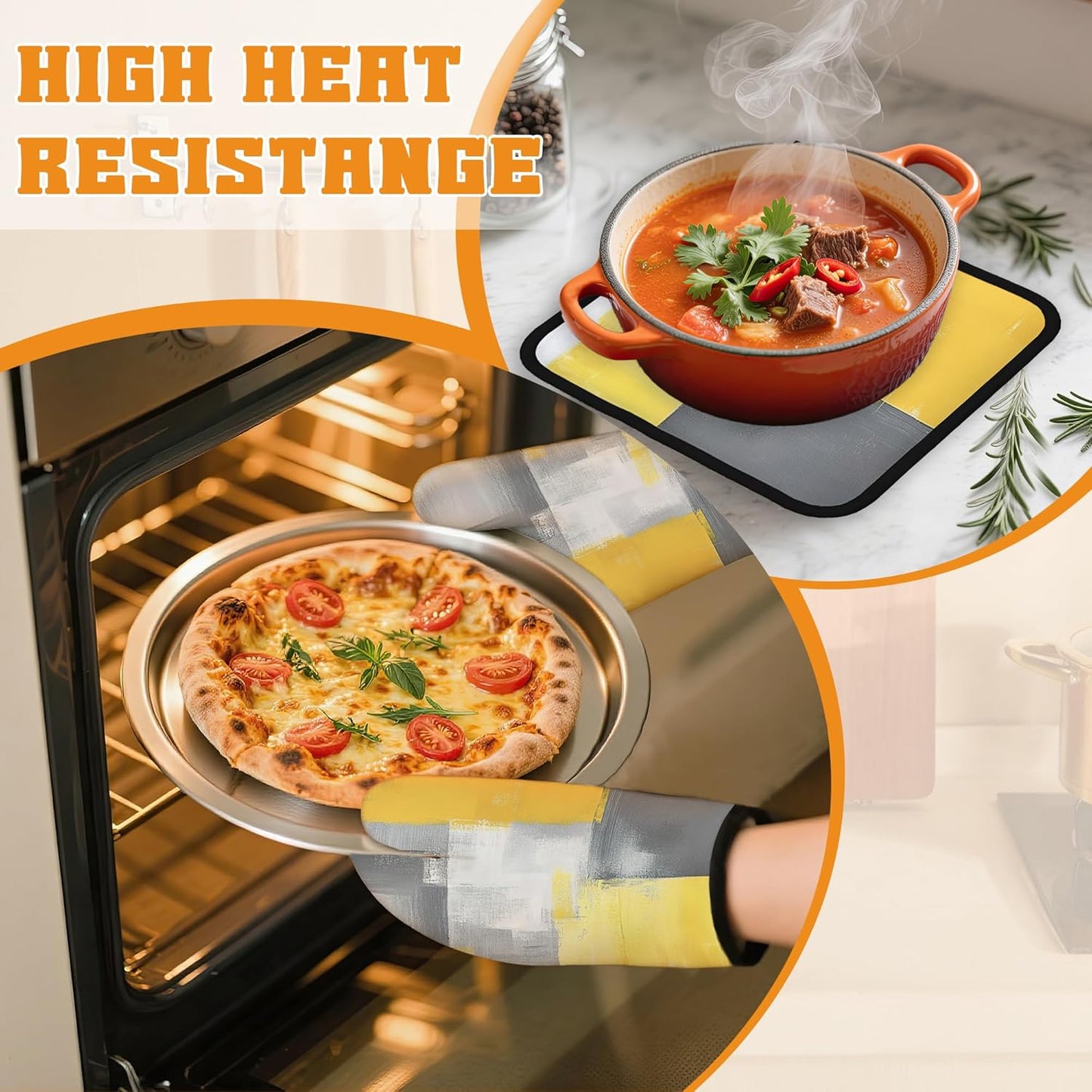 Yellow Gray Modern Art Oven Mitts and Pot Holders,Heat Resistant Oven Mitts Gloves and Pot Holder for Home Kitchen Decorations Cooking Baking BBQ Gifts,Set of 4