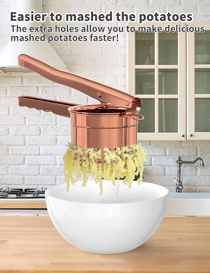 Livilord Large 15oz Potato Ricer, Heavy Duty Stainless Steel Ricer for Mashed Potatoes, Sweet Potato Masher Kitchen Tool with Ergonomic Handle, Press and Mash Kitchen Gadget, Rose Gold