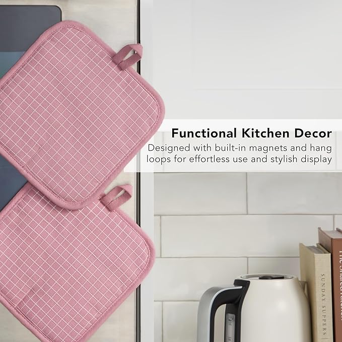 KITCHENAID Gourmet Series Gridlines Pot Holders 2-Pack Set, Heat Resistant up to 600°F, Soft Silicone Grip, Magnetic Cuff, Dried Rose, 8"x8"