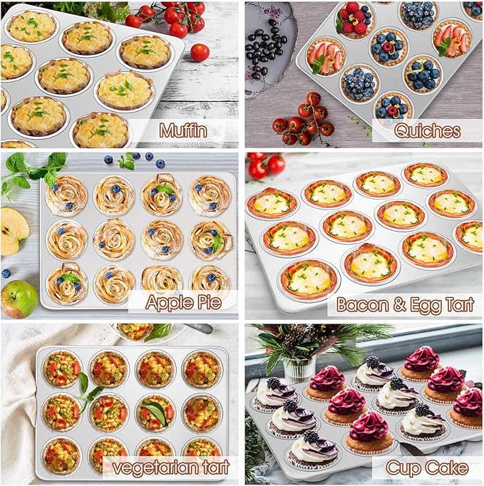 P&P CHEF Muffin Pan Cupcake Baking Pan Set, Stainless Steel Muffin Tin Tray for Mini Cake Tart Quiche, Oven & Dishwasher Safe, Non-toxic & Heavy-duty, (12 Cup, 1Pc)
