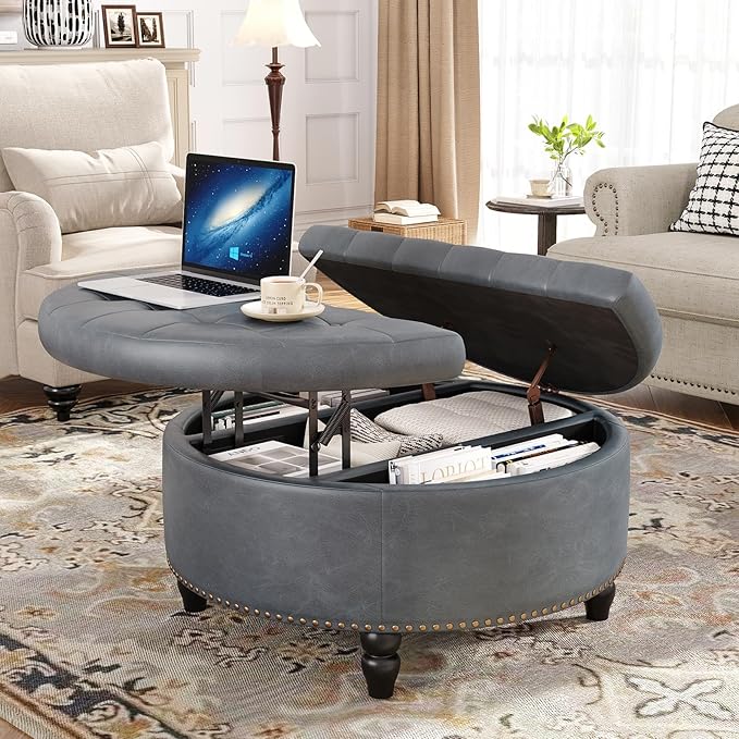30 Inch Large Round Ottoman with Storage, Modern Leather Ottoman Coffee Table with Lift Top, Upholstered Button Tufted Footrest Stool Toy Blanket Storage for Living Room, Gray
