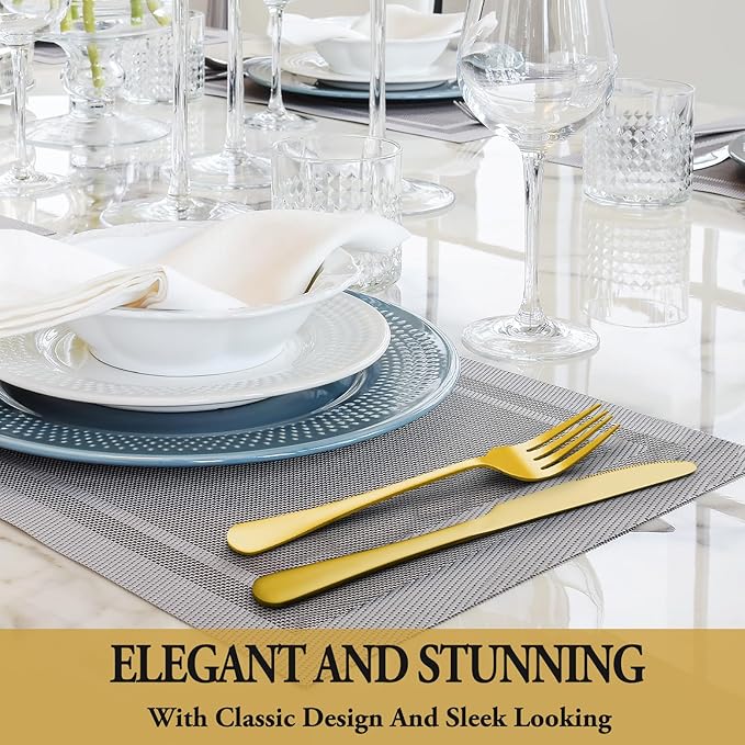 36 Pcs Gold Silverware Set with Steak Knives, Stainless Steel Flatware Cutlery Set Service for 6, Kitchen Tableware Sets, Utensil Sets for Home and Restaurant, Knives Forks Spoon, Dishwasher Safe