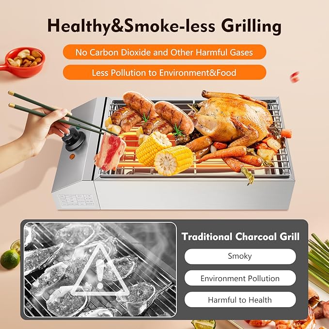 Electric Indoor Outdoor Grill, 1800W Commercial Electric Grill with Removable Griddle, Adjustable Temperature 122F-572F, Stainless Steel Smokeless Indoor Grill for Party Cooking Home Commercial