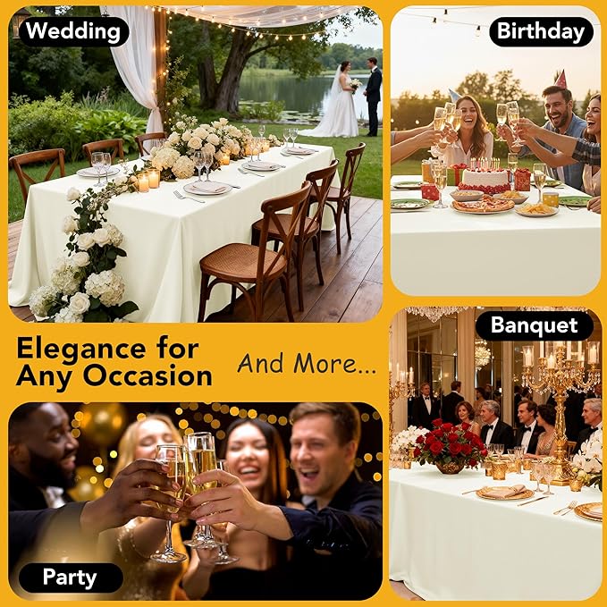 10-Pack Ivory Tablecloths for Rectangle Tables, 60 x 102 Inches, Stain-Resistant Polyester Fabric for 6 Foot Tables - Washable Table Covers for Weddings, Banquets, Birthday Parties, Events