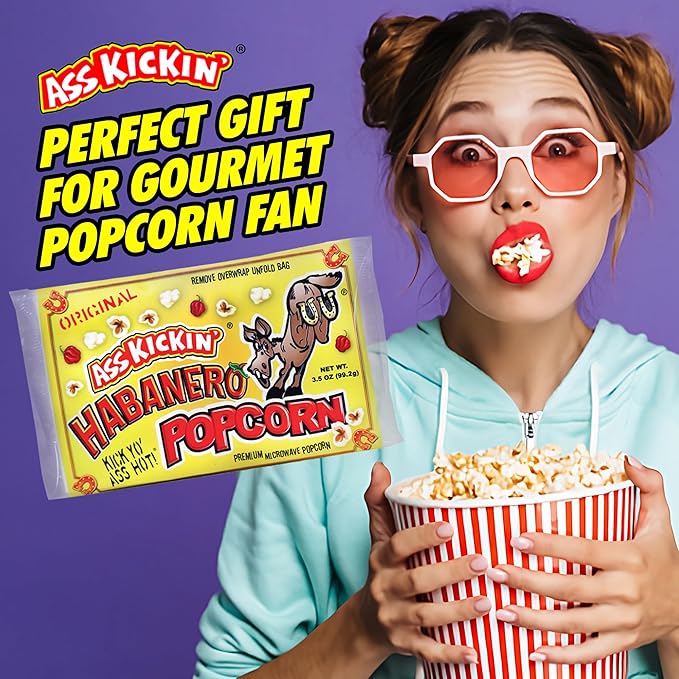 ASS KICKIN' Habanero Microwave Popcorn Bags - 3 Pack - Ultimate Spicy Popcorn Gourmet Gift - Makes a Great Movie Theater Popcorn or Snack Food for Movie Night