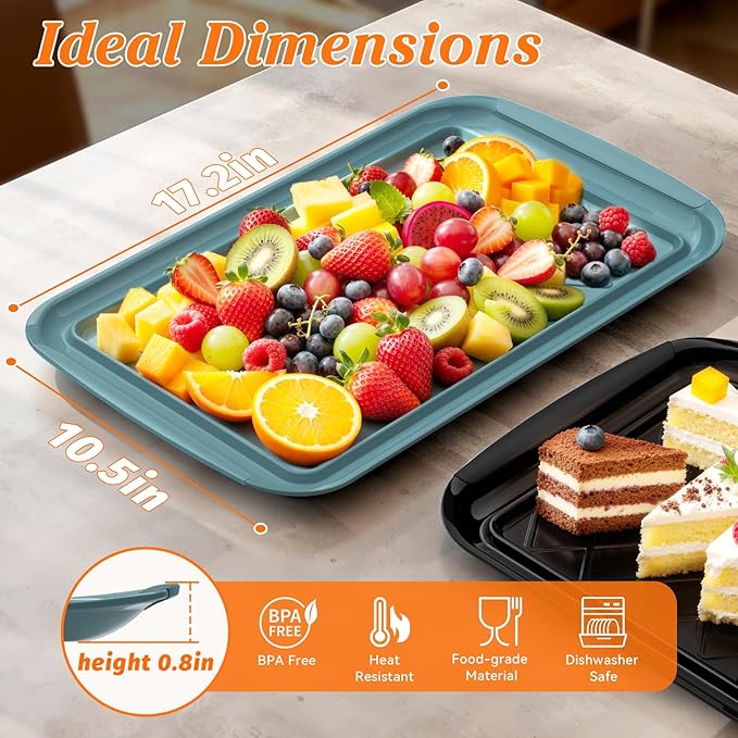Serving Trays for Party - Set of 4, Large Serving Platters for Raw and Cooked Food, Dishwasher Safe, 17×10.5-inch Stackable Plastic Party Supplies for Grilling, BBQ, Meal Prep (Green, Black)
