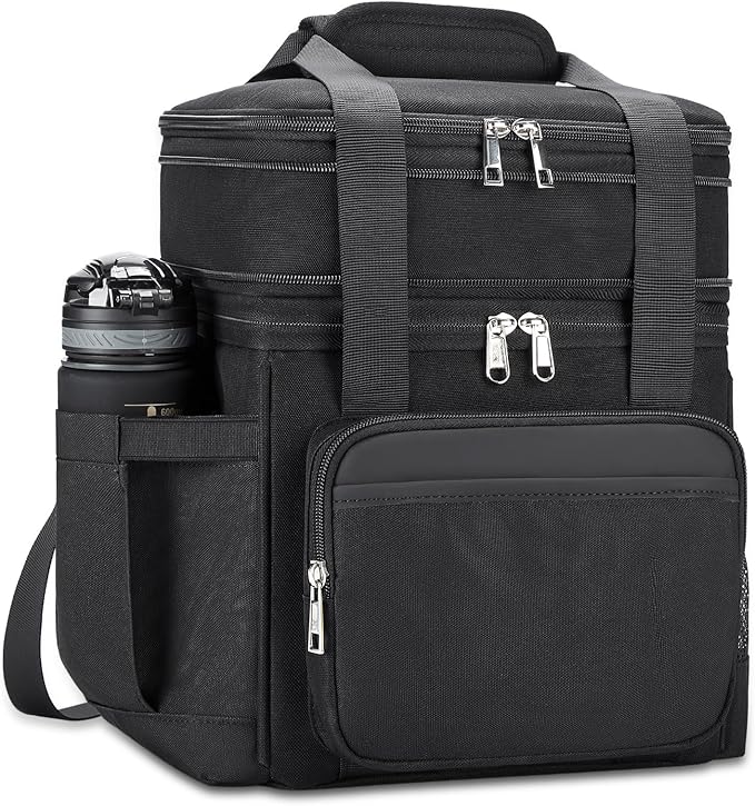 holuxer Insulated Lunch Bag & Lunch Box for Men - Double Deck Reusable Lunch Bag for Women Tote Cooler Bag Leakproof Soft Expandable - Large Lunchbox for Work/Adult/Picnic/Outdoor (Black，15L)