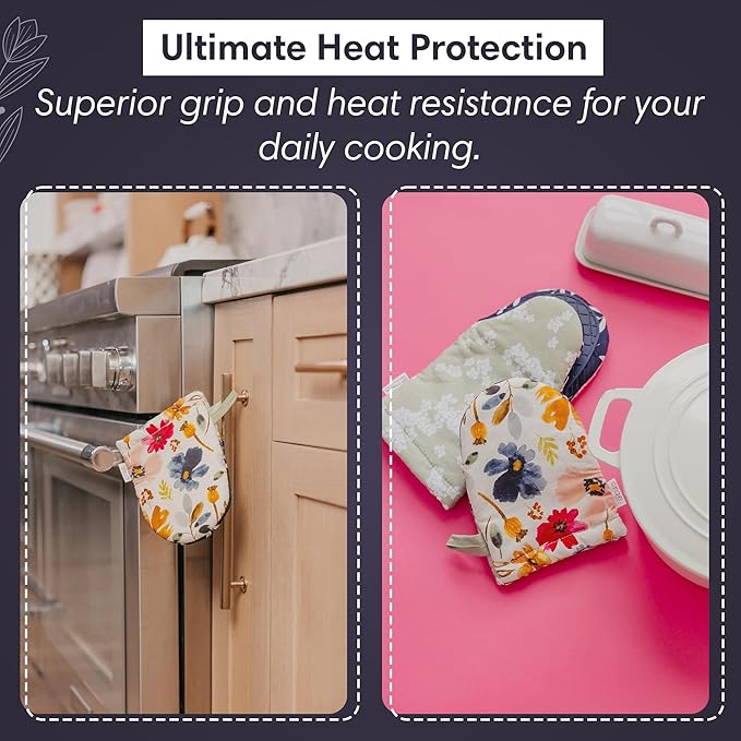 Crae Home - Mini Oven Mitt | Ester Pattern Silicone-Lined Grip Heat-Resistant Cotton Kitchen Mitt with Hanging Loop | Cute Pot Holder Style Oven Glove for Baking & Cooking | 7.5” x 5.5”