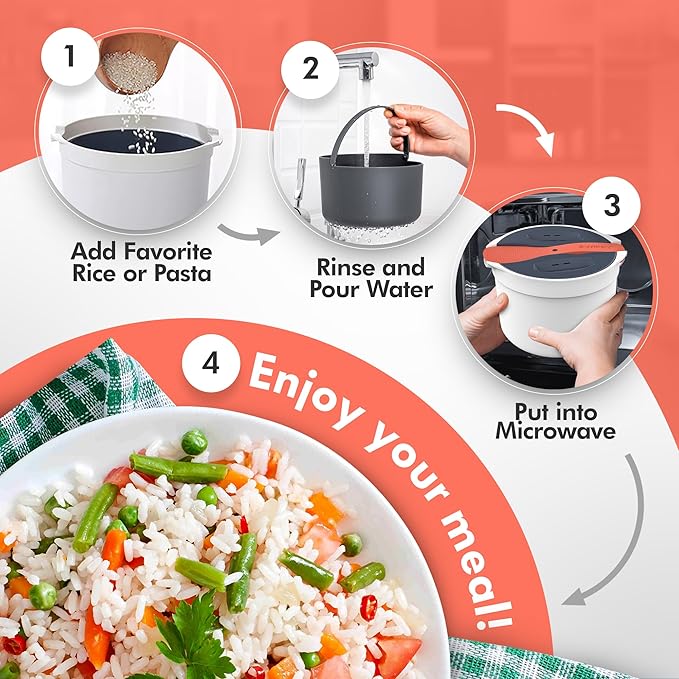 Microwave Rice Cooker Steamer and Pasta Cooker with Strainer - Mess-Free Design, Dishwasher Safe, Cooks Up to 8 Cups