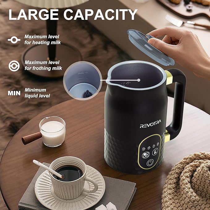 Milk Frother with Touchscreen & Temp Display, 4-in-1 Electric Milk Steamer for Hot & Cold Foam, Adjustable Temperature, Silent Operation, 300ml Non-Stick Frother for Coffee, Latte, Hot Chocolate