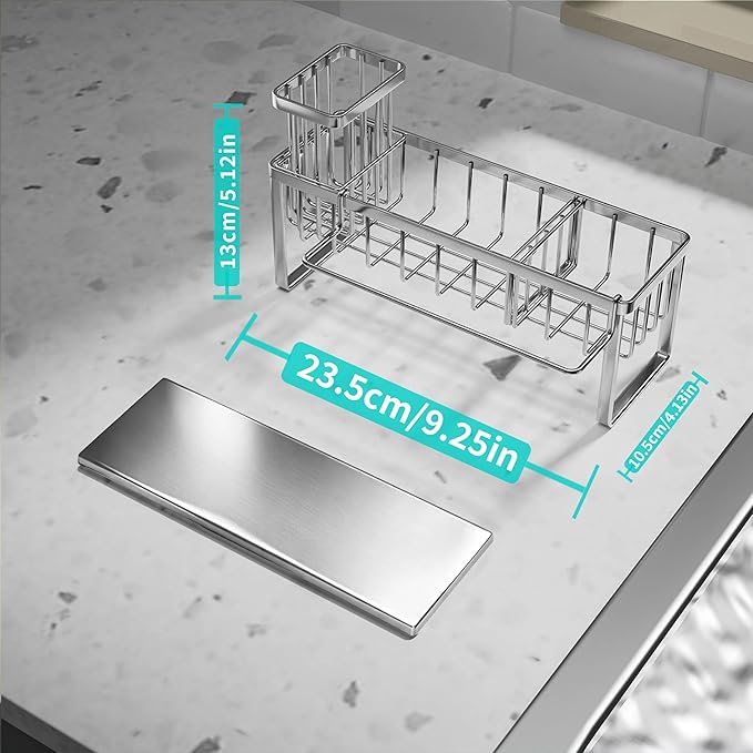 HapiRm Sponge Holder for Kitchen Sink - Self-draining Sink Caddy with Brush and Dishcloth Holders with Sloping Drainage - Silver