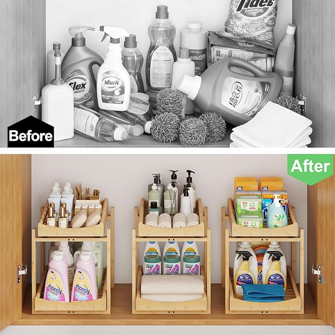 MHXW SXPN Bamboo Under Sink Organizer and Storage, Pull Out Cabinet Organization, 2 Tier Vertical Slide Out Undersink Storage Shelf, Organizer Shelves for Kitchen Bathroom Medicine (Natural, 2 Pack)