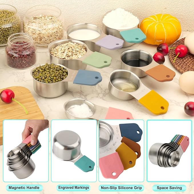 Magnetic Measuring Cups and Spoons Set of 16, 7 Stainless Steel Measuring Cups, 8 Double-Sided Measuring Spoons with 1 Leveler, Color Coded Handles, Dual Markings for Dry and Liquid Ingredients