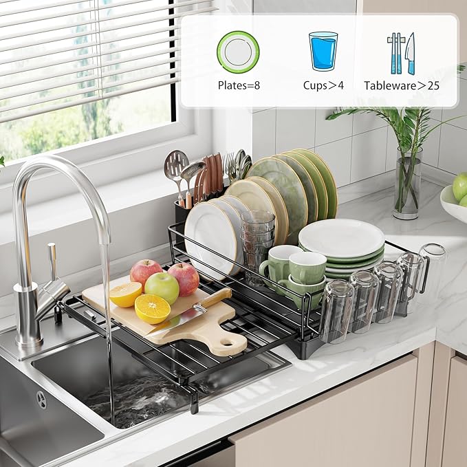 Ekisemio Expandable Dish Drying Rack for Kitchen Counter, Large Capacity Dish Drainer with Utensil Holder & Drip Tray, Space Saving Organizer (12.7"-21.7" x 17"), Black