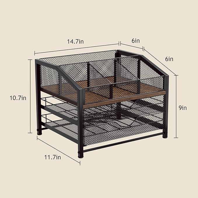 Homsorout Coffee Bar Organizer - Coffee Station for Countertop, Metal and Wood K Cup holder Storage Basket for Coffee Pods, Syrup, Cups, Stirrer, Coffee Condiment, Tea Organizer, Black and Brown