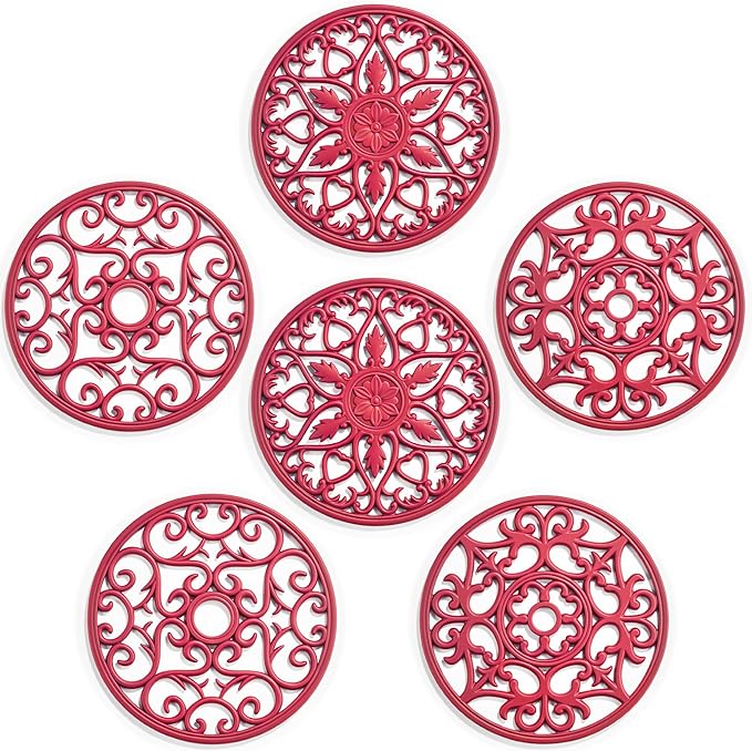 SMARTAKE 6 Set Silicone Trivets, Multi-Use Carved Trivet, Insulated Non-Slip Durable Kitchen Mats, Flexible Modern Kitchen Table Mat, for Hot Dishes, Pots, Dining Countertop, Red