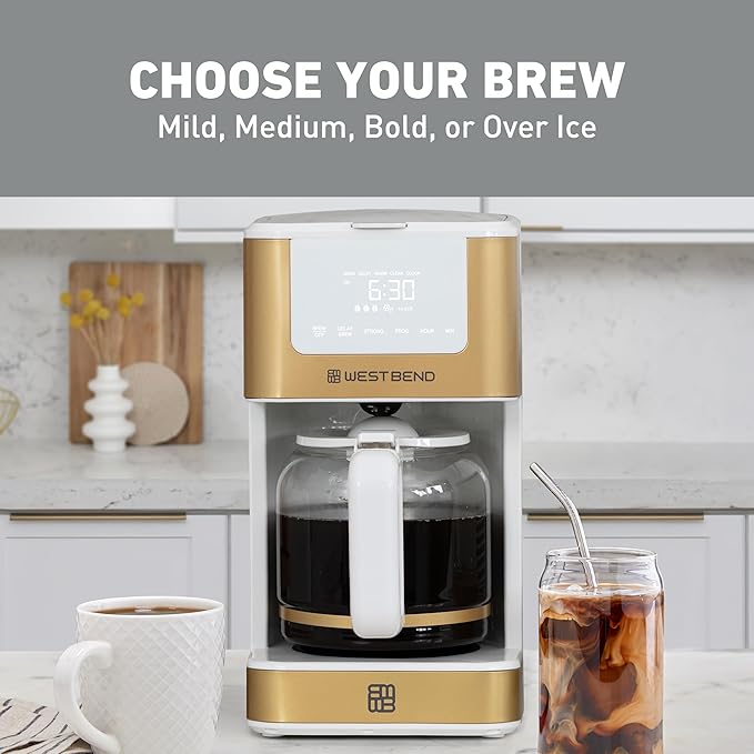 West Bend Timeless 12-Cup Programmable Coffee Maker with Brew Strength Selector for Hot and Iced Coffee, Includes 1-4 Cup Brew Option and Permanent Filter