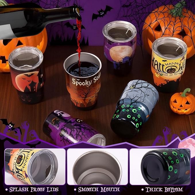 6 Pack 3 oz Halloween Shot Glasses Mini Tumblers with Straw and Lid,Pumpkin Ghost Skulls Tombstone Halloween Party Spooky Shot Glass Stainless Steel Vacuum Insulated Mini Cup for Cocktail Party