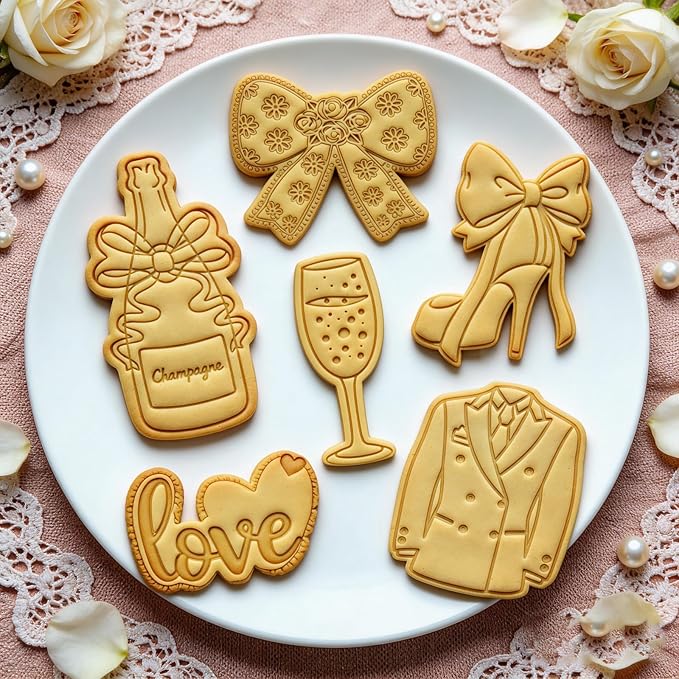 Wedding Cookie Cutters Set of 6 Dress Molds 3.5" with Plunger Stamps Baking Dough Tools Cake Shapes PLA Accessories for Birdesmaid Decorative Party Kitchen Supplies