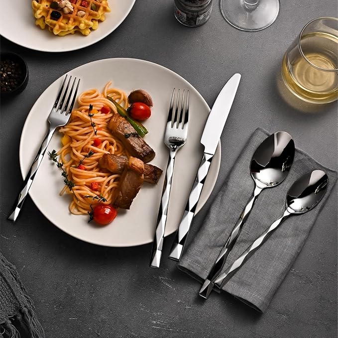 KINGSTONE Silverware Set, Luxury 5 Piece Flatware Set for 1, 18/10 Stainless Steel Cutlery Set with Diamond Cut Pattern for Kitchen, Home, Wedding, Party, Mirror Polished and Dishwasher Safe