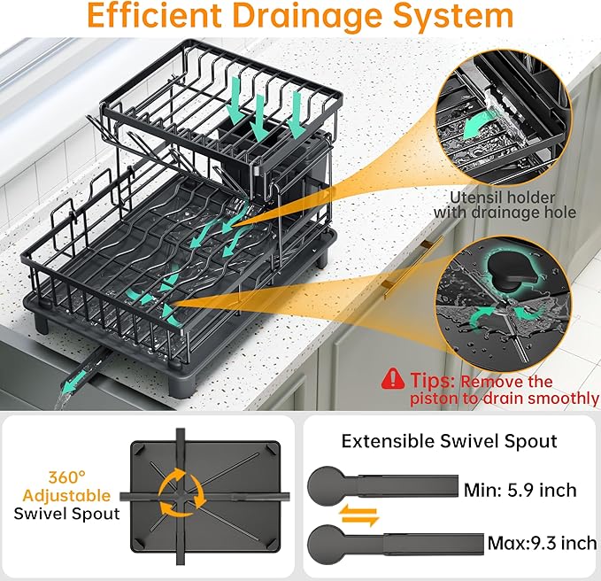 Dish Drying Rack, 2 Tier Dish Racks for Kitchen Counter, Compact Drying Rack Kitchen, Rust-Resistant Dish Drainer, Detachable Space-Saving Dish Rack with Drainboard, Utensil Holder, Black