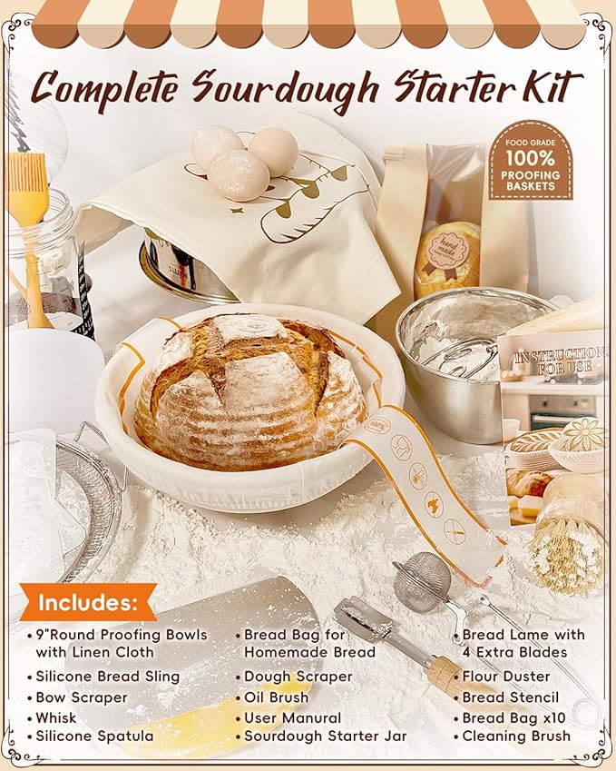 Complete Sourdough Starter Kit | Easy to Clean & Use for Beginners & Bakers | Natural Rattan Proofing Basket with Full Accessories | Sourdough Bread Baking Supplies for Bakers Women Wife