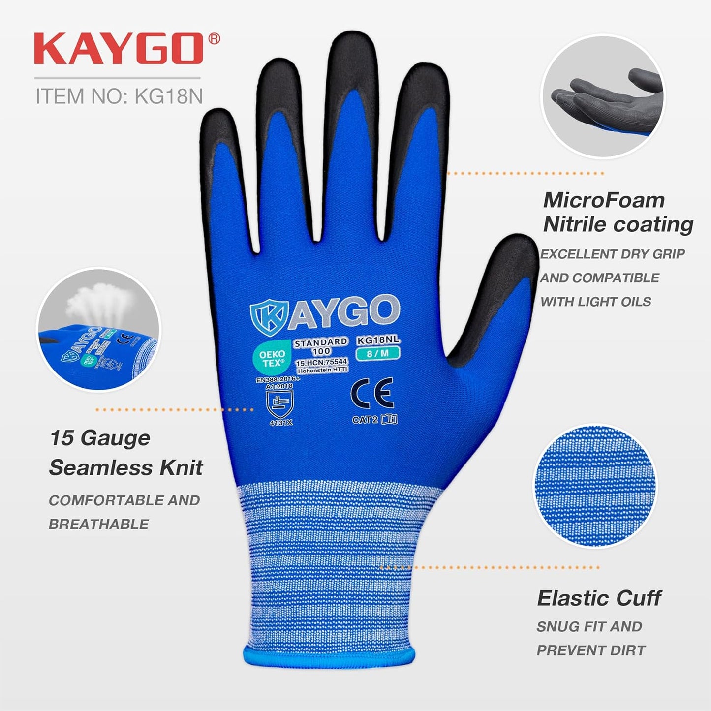 Safety Work Gloves MicroFoam Nitrile Coated-12 Pairs,KAYGO KG18NB,Seamless Knit Nylon Glove with Black Micro-Foam Nitrile Grip,Ideal for General Purpose,Automotive,Home Improvement Blue