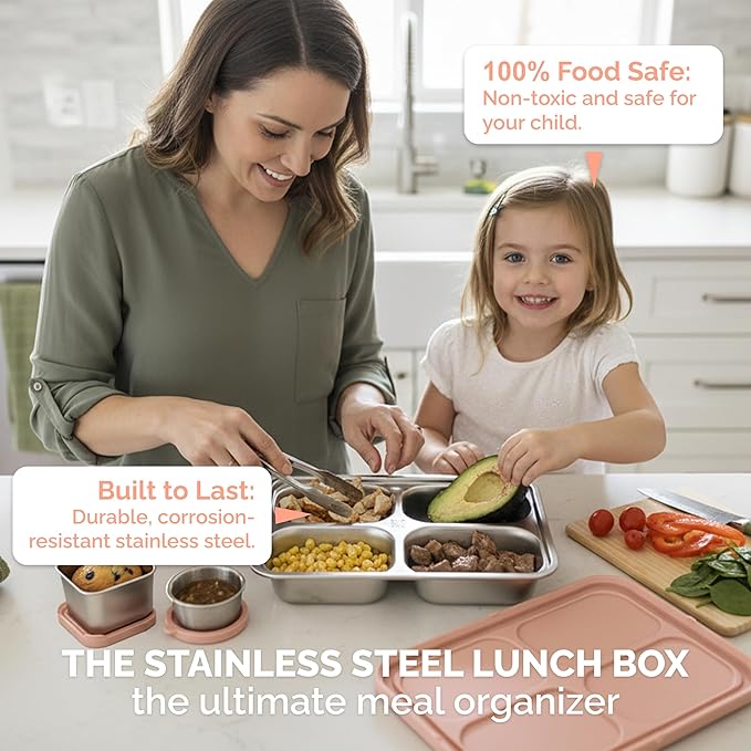 Stainless Steel Lunch Box for Kids 5 and Older – 3 Pieces Stainless Steel Bento Box with 4 Compartments & 2 Snack Containers – Leak Proof, BPA-Free, Eco-Friendly, Dishwasher Safe & Durable – Pink