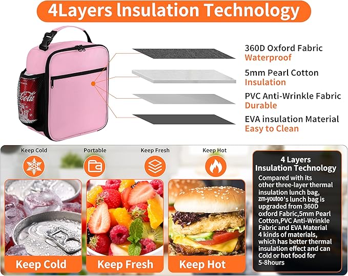 ZM-YOUTOO Lunch Box for Men - Reusable Lunch Bag Men Adult Women- Insulated Small LunchBox (Pink)