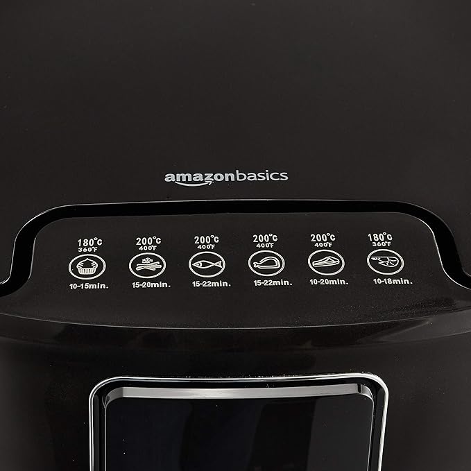 Amazon Basics 3.2 Quart 6-In-1 Digital Air Fryer with Non-Stick Basket, Timer, Auto Shut-Off, Touch Screen, 1400W, 180-400°F Temperature Range, Black/Silver