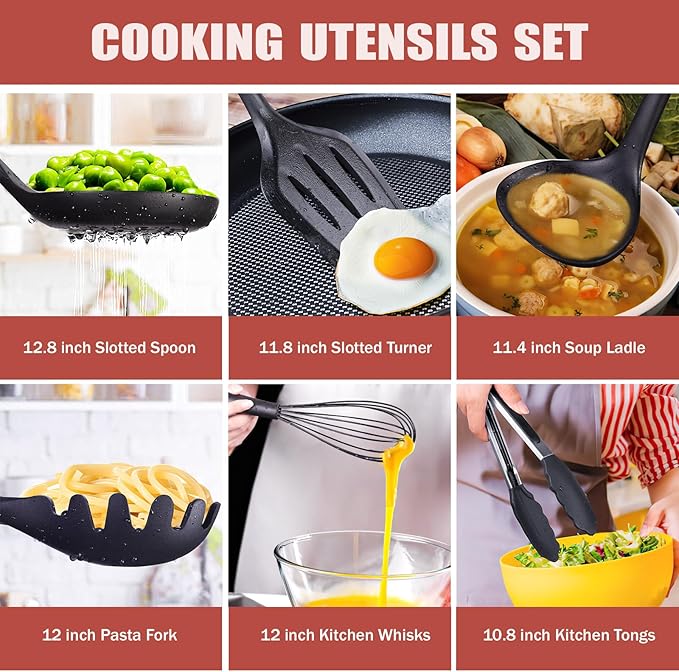 RAXCO Kitchen Utensils Set For Cooking-7 Cooking Utensils,5 Kitchen Utensils,6 Knife set,utensilios de cocina(18-in-1) (Black)
