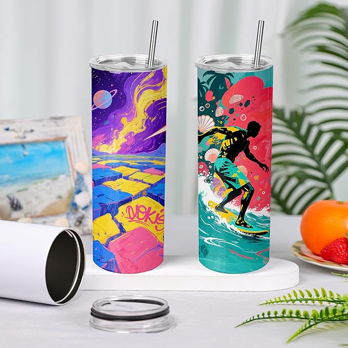Joyclub 1 Pack Sublimation Tumbler 20 oz Bulk Blank Tumblers Skinny Straight Flat Bottom Cups White with Lid and Straw