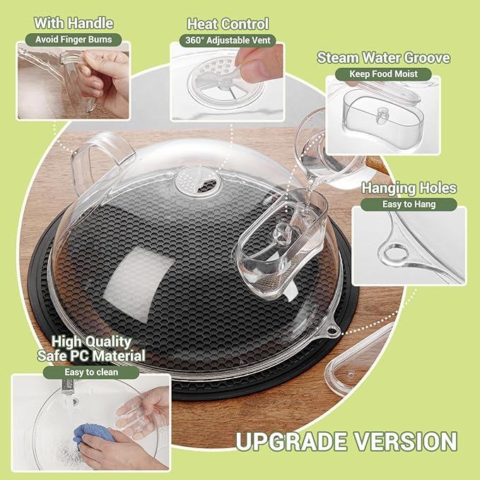 Microwave Splatter Cover for Food, Clear Microwave Lid with Water Steamer, Integrated Handle, Splatter Guard, 10” Plate Covers & 12" Mat, BPA-Free, Essential Kitchen Gadgets and Accessories