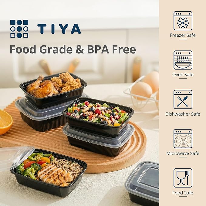 TIYA Food Containers - 38 oz Bulk 150 Pack with Lids - Rectangular Plastic To-Go Containers - Reusable, Microwavable, Dishwasher Safe - Leak-Proof for Meal Prep - BPA-Free