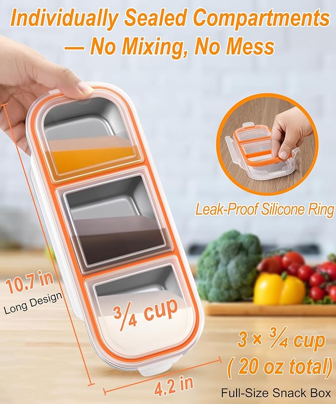 KTKUDY 5 Pack Stainless Steel Snack Containers for Kids & Adults - Large - Leak-Proof 3-Compartment Stackable Snack Lunch Boxes for School, Work & Travel