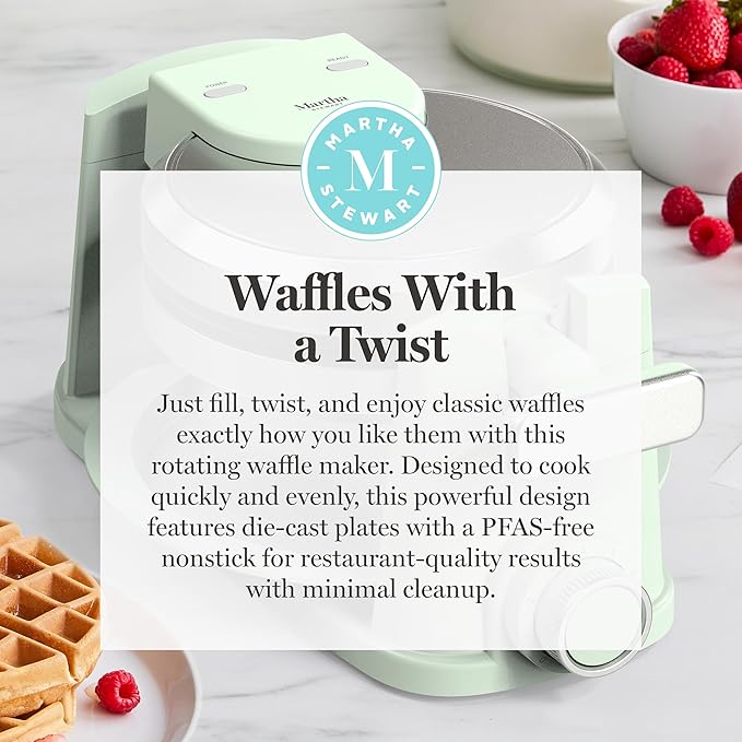 Martha Stewart Rotating Waffle Maker, 180° Flip Iron with PFAS-Free Nonstick Plates, Adjustable Timer, Ready Light, Drip Tray, Space Saving, Classic Round 7”, Easy to Clean, Stainless Steel, Honeydew