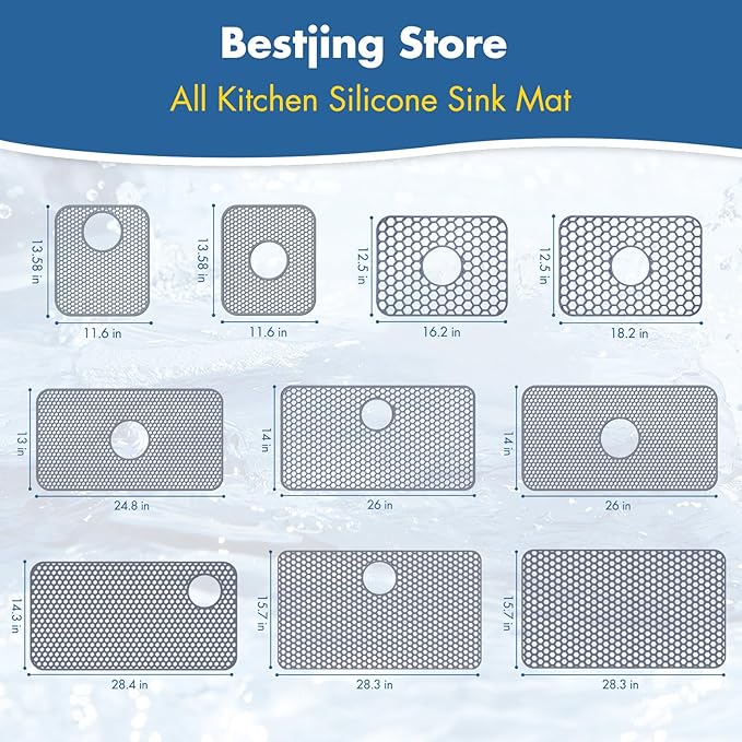 Bestjing Silicone Sink Protectors for Kitchen Sink with Rear Drain - 28.3"x 15.7" Kitchen Protector Accessory, Non-Slip Heat Resistan Mat for Bottom of Farmhouse Stainless Steel Porcelain(Gray)
