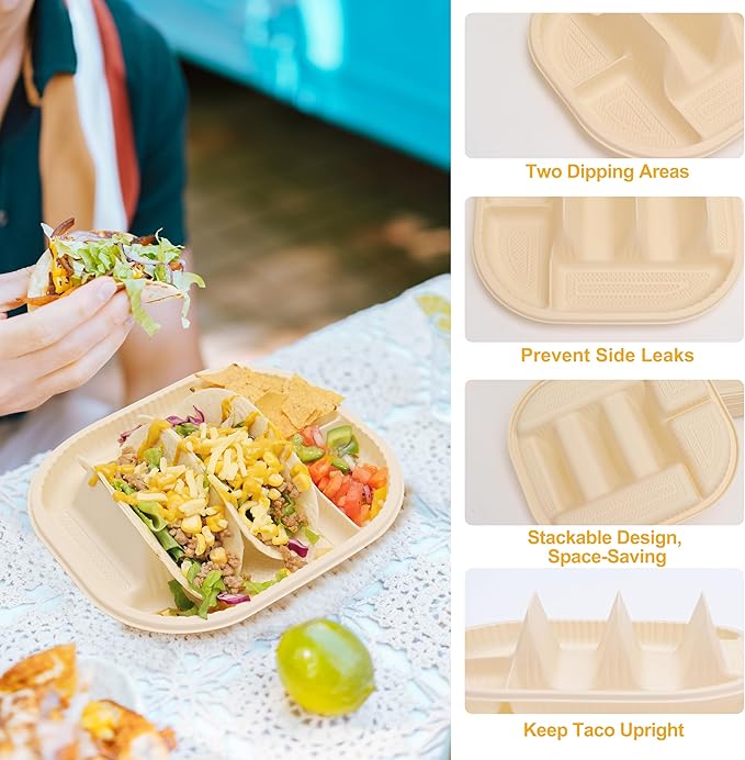 Small Disposable Taco Plates With Dipping Sides - 150 Pack, Biodegradable Cornstarch Taco Holder, Mini Size Fit 4-6 Inch Street Tortilla Shells, Sturdy & Microwave Safe, Bar Serving Set For A Party