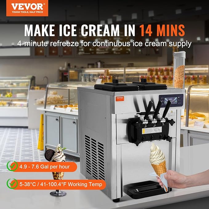 VEVOR Commercial Ice Cream Machine, 18-28 L/H Yield, 1850W 3-Flavor Countertop Soft Serve Ice Cream Maker, 2 x 5.5L Stainless Steel Cylinder, LED Panel Auto Clean Pre-cooling, for Restaurant Bars
