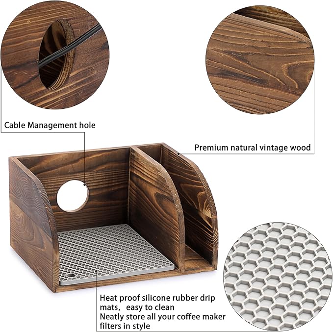 ELLDOO Vintage Wood Coffee Organizer Stand, Compatible with Chemex Coffee Makers, Holds Coffee Maker and Coffee Paper Filters, Fits Collar and Handle Carafes, with Grey Silicone Dripper Mat