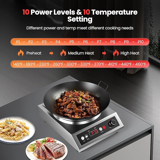 1800W Electric Wok Used For Home And Commercial,Induction Wok With Concave Surface Stainless Steel Strong Power Dual Control Mode 10 Power And Temp 24H Timer Induction Cooktop For Cooking