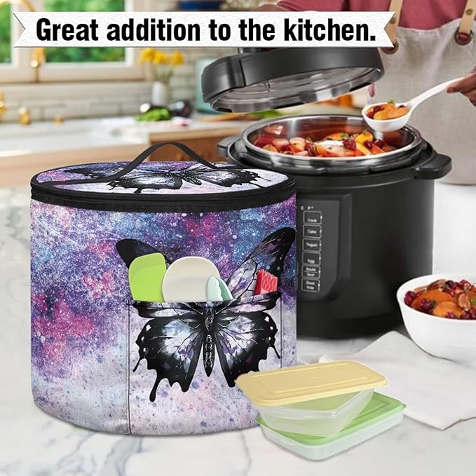 Purple Butterfly Electric Pressure Cooker Insulation Bag Smooth Flat Surface Pressure Cooker Storage Bag with Handle and Pockets