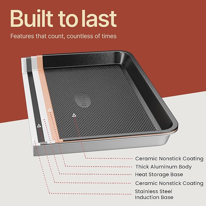 BAKKEN Kitchen Baking Pans - Small, Medium, and Large Cookie Pan (13.58×9.65, 15.75×11, 17.91×12.60), Nonstick, Diamond Texture Bottom, PFOA, PFOS, PTFE Free, Oven Safe Tray (450°F), Pack of 3, Gray