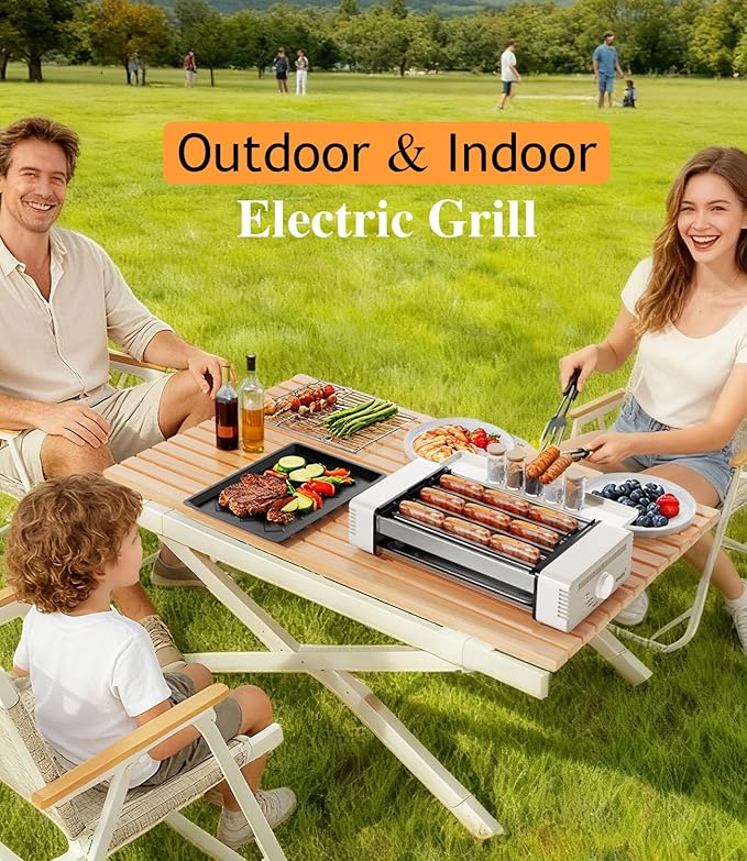 3-in-1 Electric Grill with Hot Dog Roller, Portable Indoor Outdoor BBQ Grill, Griddle and Sausage Roller Machine with Removable Non-Stick Plate & Drip Tray, for Tailgate, Camping, RV, Home Kitchen